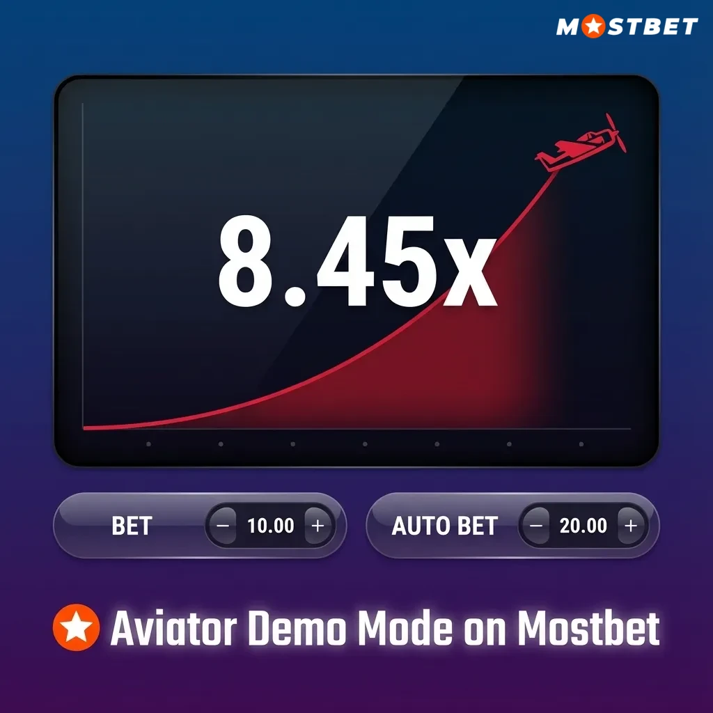 Screenshot of Mostbet Aviator demo mode interface showing rising multiplier, red plane and virtual training balance