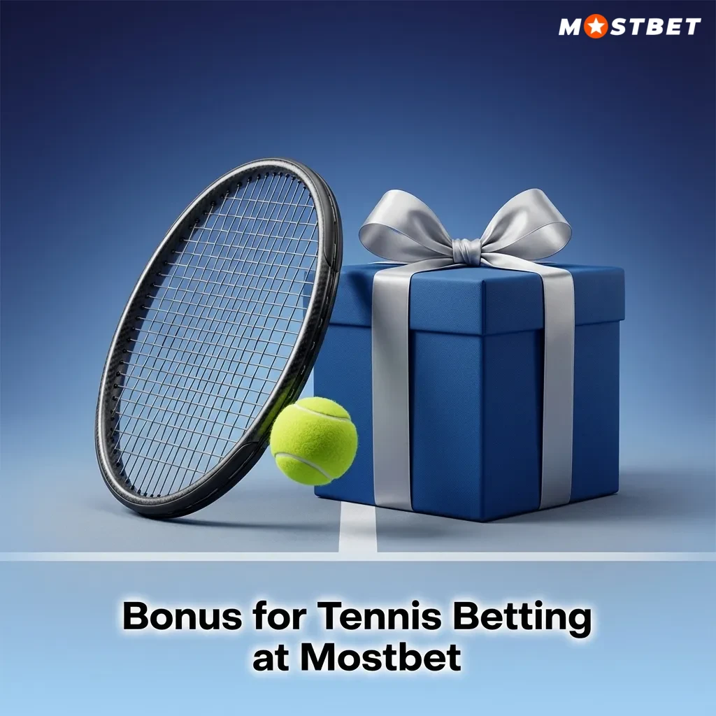Mostbet tennis betting bonus banner showing welcome offer details for new sports bettors