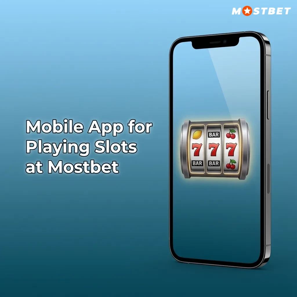 Person holding a smartphone showing the Mostbet slots app with colorful slot game icons on the screen