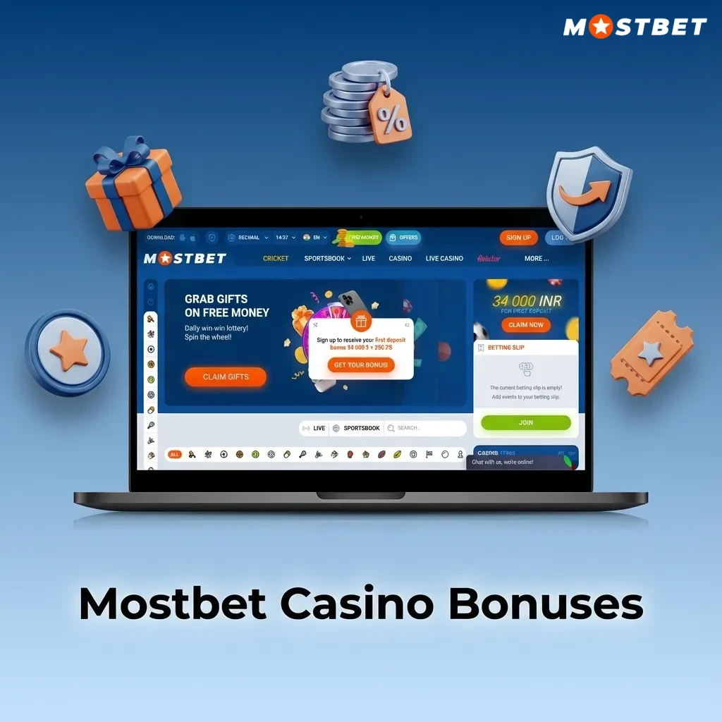 Mostbet Casino Bonuses page showing welcome bonus, free spins, reload, cashback, and tournament offers for players