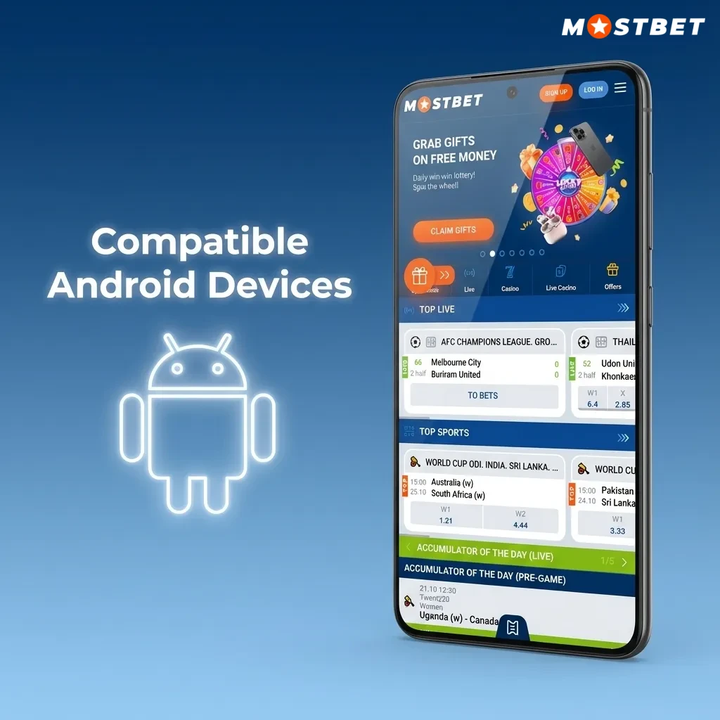 Graphic showing “Compatible Android Devices” list with Indian Android phones that support the Mostbet app, like Xiaomi and Samsung.