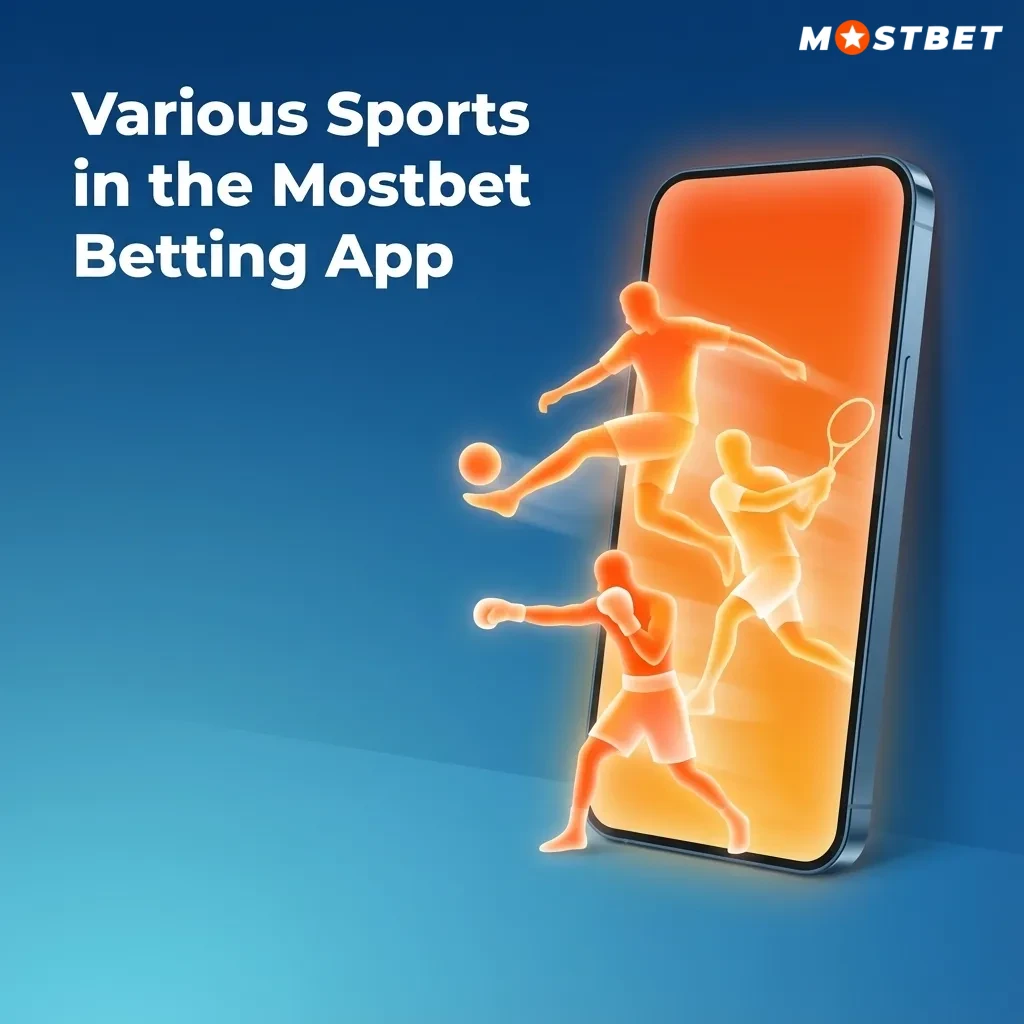 Smartphone screen showing Mostbet app sports list: cricket, football, tennis, kabaddi, basketball, esports and live odds