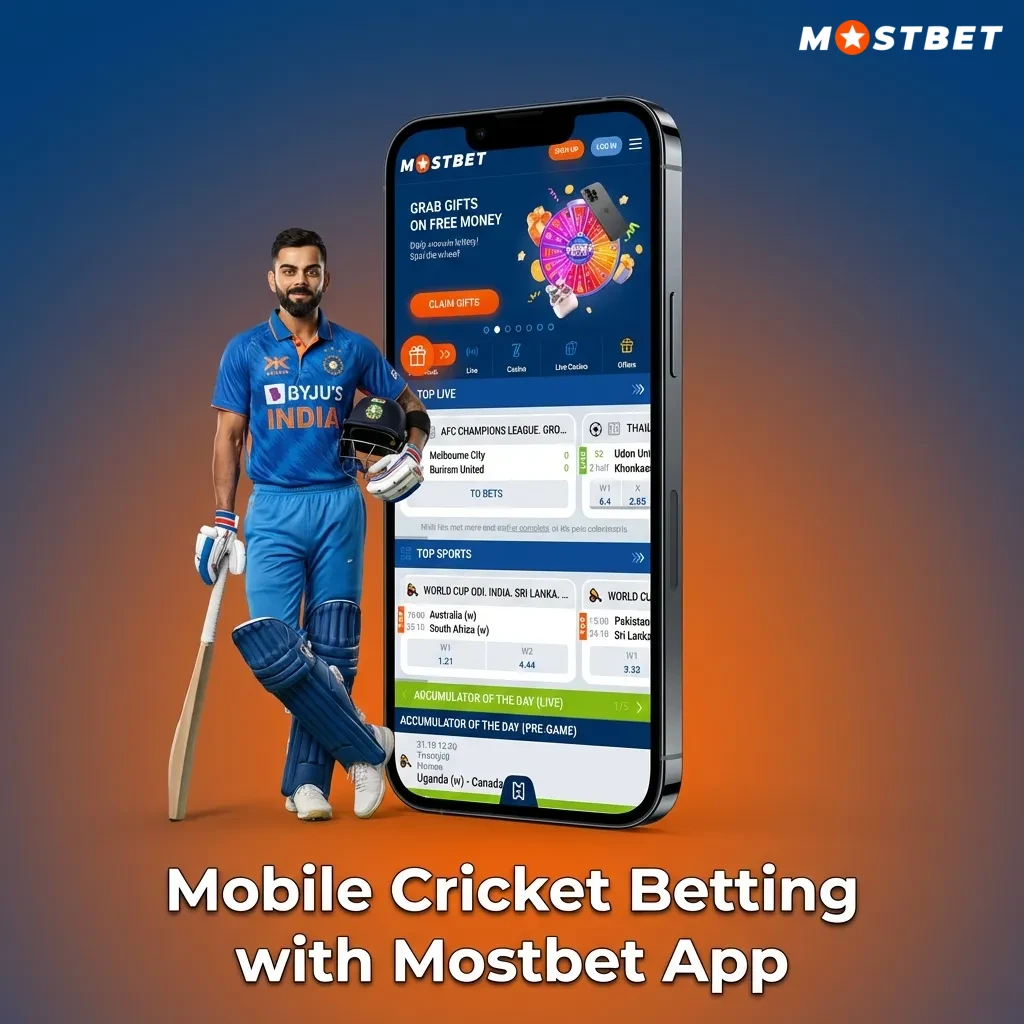 Mostbet mobile app interface showing cricket betting options on smartphone screen for Android and iOS users