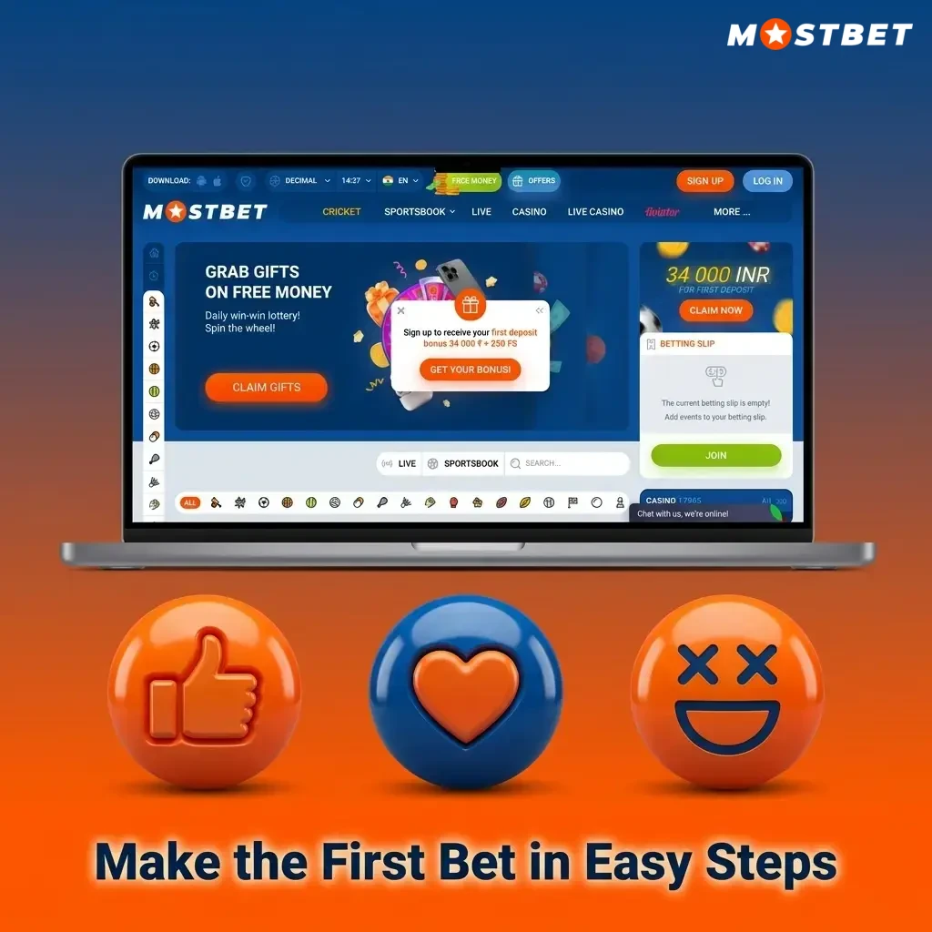 Mostbet first bet guide showing sports selection, bet slip with INR stake entry, and Place Bet confirmation steps
