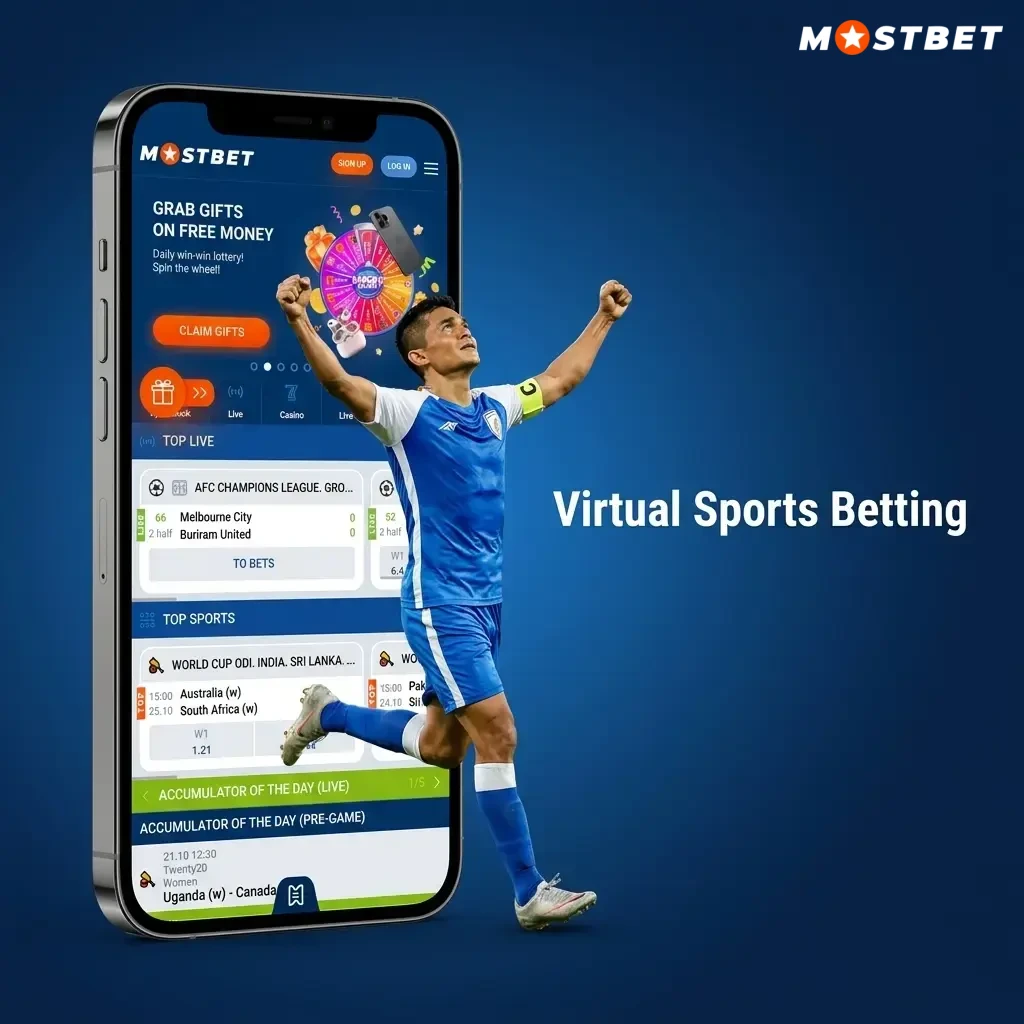 Virtual sports betting on Mostbet showing simulated football, cricket, horse racing and basketball events available 24/7