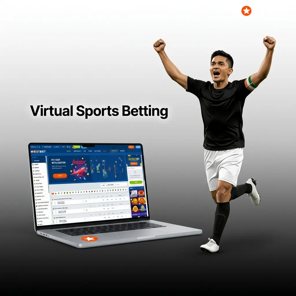 Virtual sports betting on Mostbet India showing cricket, football, horse racing and basketball simulations